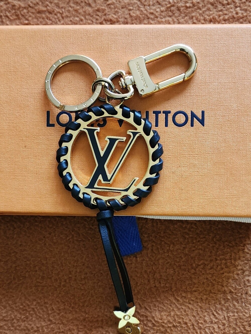 Louis Vuitton Black and Gold Braided LV Ring Key Charm With Box And Dust Bag